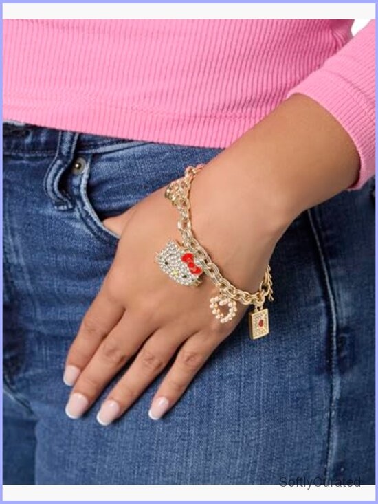 Amazon.com: Sanrio Kitty Bracelet for Women Official License  Official Hello Kitty Charm Bracelet Gold-Tone Crystals Pearls Adjustable
